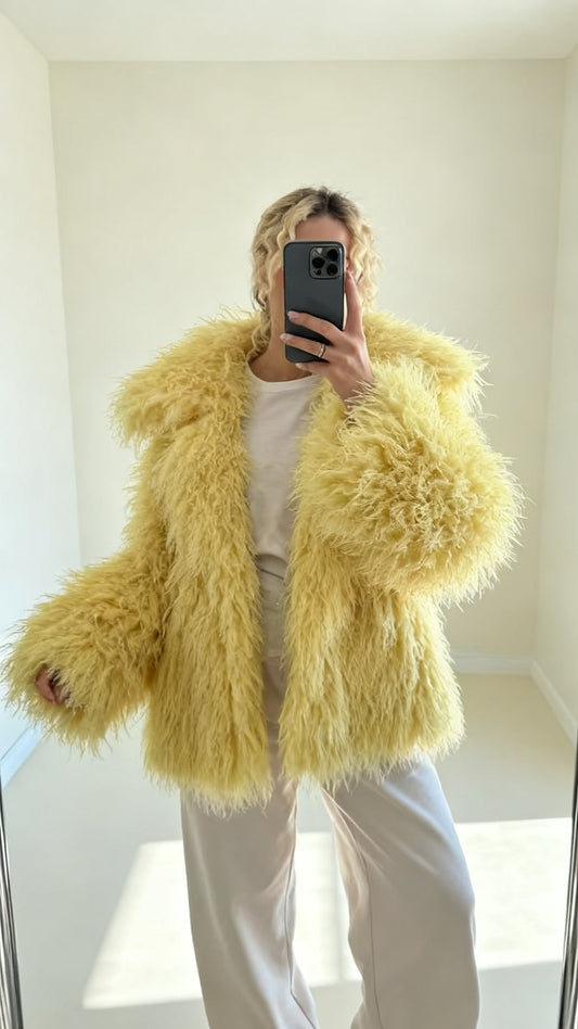 Butter Coat in butter yellow — oversized faux fur, mirror selfie